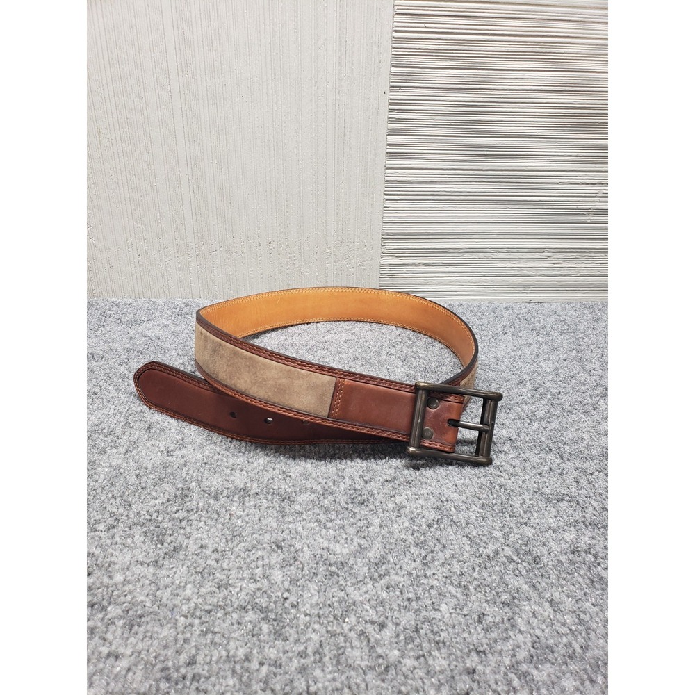 Duluth Men Belt 34 Brown Leather Antique Buckle Contrast Inlay Western Casual